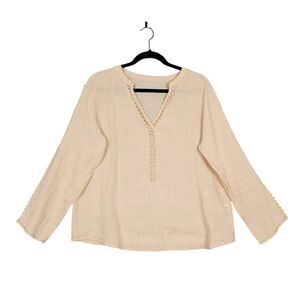 KARYN SEO Pink 100% Linen Embroidered Boho Lagenlook Popover Top SIZE MEDIUM